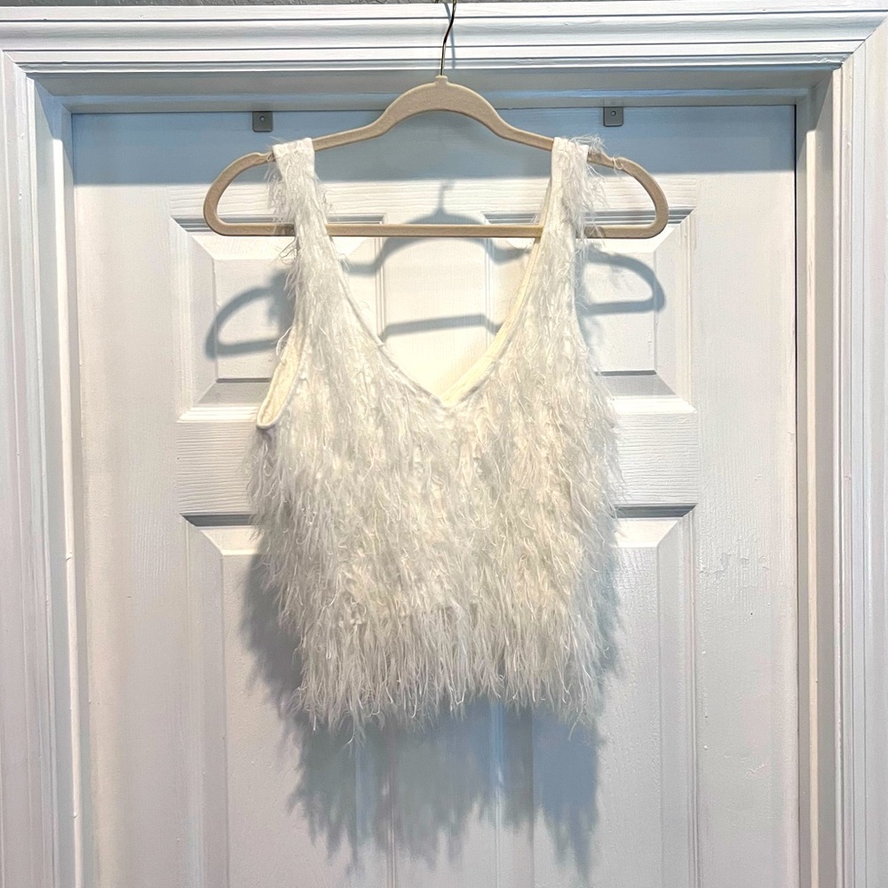 H&M White Feather Fringe-knit Top M